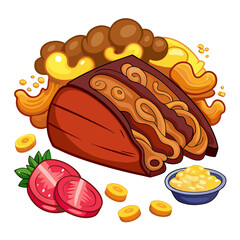 Colorful Cartoon Dessert Stack with Fruit and Sauce