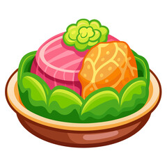 Delicious stylized sushi and sashimi in brown bowl