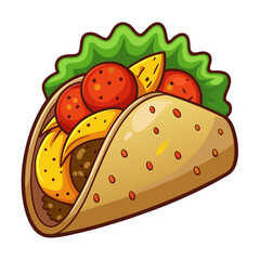 Cute Cartoon Taco with Meat, Cheese, and Vegetables