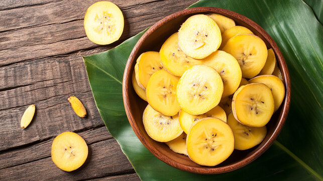 Freshly sliced ara&ccedil;&aacute; fruit in a wooden bowl over green banana leaf on rustic wooden surface.
