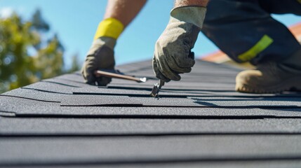 Roofer inspecting roof shingles at a construction site. Featuring care and expertise