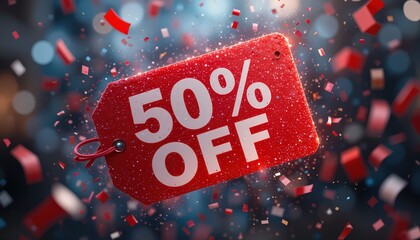 Bright Red Discount Tag Prominently Displays 50 Percent off Among Colorful Confetti Celebrating a Sale Event