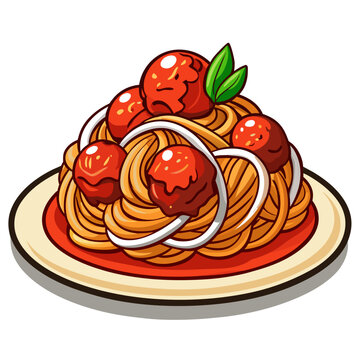 Cartoon spaghetti and meatballs plate with basil leaves
