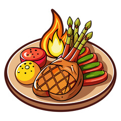 Grilled steak with asparagus and flame illustration