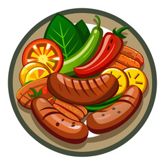 Grilled Sausage and Vegetables Plate Illustration for Culinary Use