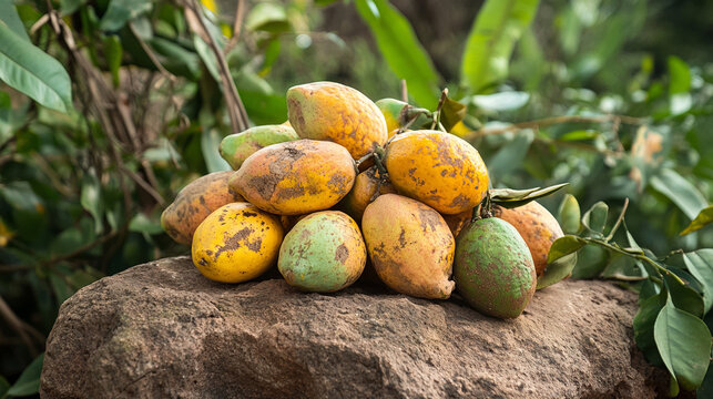 Wild mangoes resting on large rock with green tropical foliage