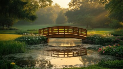 Fototapeta premium Serene Wooden Footbridge Over Calm Water at Sunrise