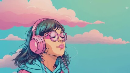Pink clouds floating overhead while female listener wearing rose tinted headphones, closed eyes absorbing melodic sounds, experiencing peaceful moment with tranquil expression