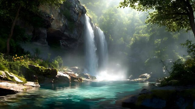 Majestic waterfall cascading into a crystal-clear turquoise pool surrounded by lush green forest, sunlight filtering through the trees, peaceful nature landscape

