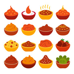 Colorful bowls of various dips and spreads illustration