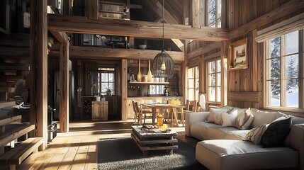 Naklejka premium Cozy Rustic Living Room with Wooden Decor and Natural Light