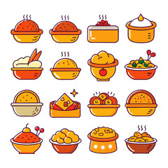 Icon set of various food dishes in bowls