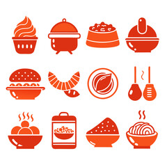 Orange Food Icon Set: Cupcake, Stew, Watermelon, Pasta