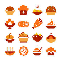 Delicious food vector icons: dessert, fruit, and dinner