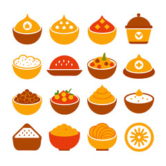 Colorful stylized bowls with various ingredients, food illustration