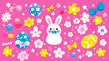 Whimsical Easter design with colorful eggs, bunnies, and flowers.