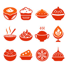 Red food icon set featuring bowl, plate and desserts
