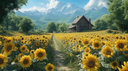 Sunflower Field with Rustic Cabin and Mountain Backdrop Nature Landscape Serene Outdoor Scene