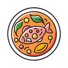 Whimsical Fish Stew Illustration: Seafood, Noodles, and Greens