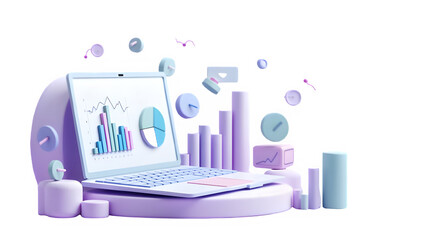 3D illustration of data analytics on laptop with graphs, charts, and pastel elements, perfect for business or tech concepts