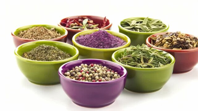 Vibrant Arrangement of Colorful Bowls Showcasing Variety of Natural Spices and Herbs, Enhancing Culinary Experiences with Unique Textures and Inviting Creativity in Seasoning.