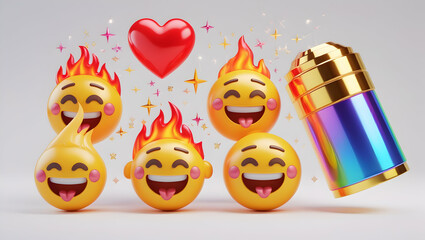 Set of 3D realistic emojis isolated on white background. Shiny sparkles, red heart, fiery flame, and colorful party popper emoji. Vector-style icons with soft shadows, vibrant colors, and modern minim