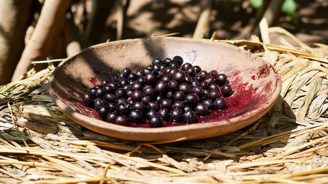 A rustic clay bowl filled with freshly harvested bacaba berries sitting atop a bed of straw in bright natural sunlight
