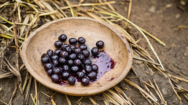 A clay bowl filled with dark bacaba berries and juice resting on dry straw, reflecting traditional Amazonian food culture