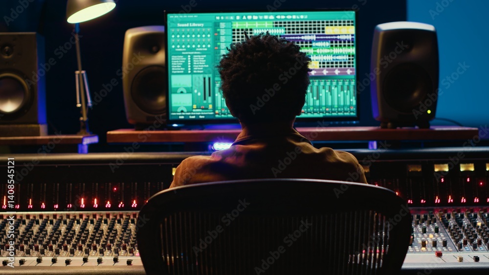 Aufkleber African american sound producer editing tracks on audio software and console, adjusting volume levels and adding effects in post production. Technician producing new hit song in studio. Camera A.