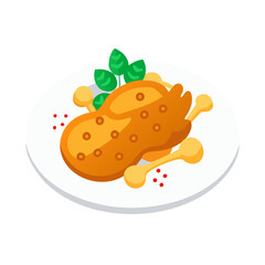 Cartoon Roast Chicken Dinner with Fresh Herbs Illustration