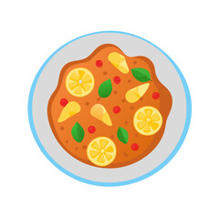 Delicious orange soup with lemon slices and basil garnish