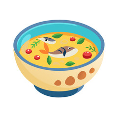 Cartoon Fish Soup in Bowl, Illustration of Food