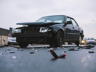 Car crash on city street, damaged vehicle