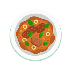 Illustration of hearty soup with sausage and vegetables