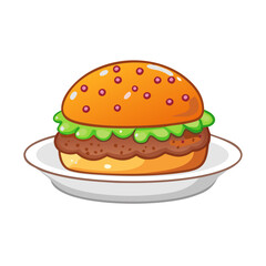 Cartoon Burger on Plate Isolated on Black Background