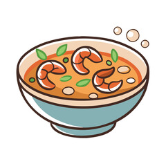 Cartoon Shrimp Soup Bowl with Basil Illustration Art