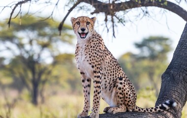 Naklejka premium A cheetah sitting on a tree branch in the middle of a savannah