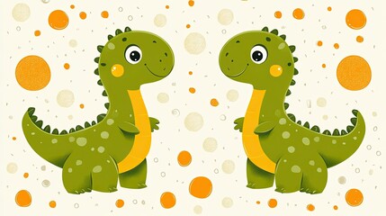 Fototapeta premium Two adorable cartoon dinosaurs stand facing each other.