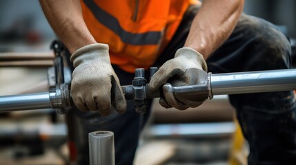 A construction worker fitting metal piping into place. Featuring technical skill and precision