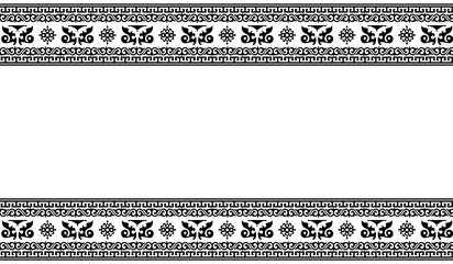 A traditional floral border pattern in black with transparent background, featuring symmetrical and floral and traditional designs with an empty central space for text