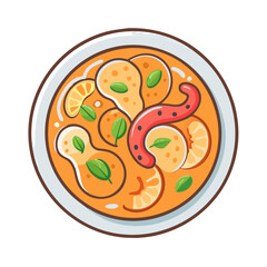 Delicious Tom Yum Soup bowl with shrimps and basil