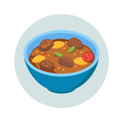 Delicious stew served in blue bowl, vector illustration