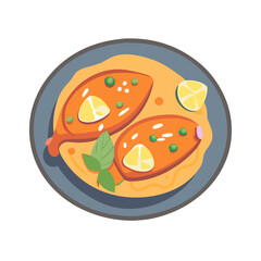 Vector Illustration: Fish with Lemon and Vegetables in Broth