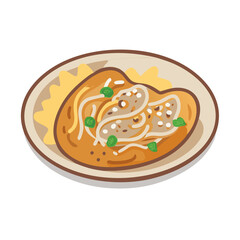 Vector illustration of a noodle dish with green garnish