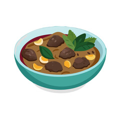 Beef rendang curry bowl with vegetables and herbs