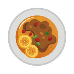 Cartoon illustration of Asian curry soup with toppings