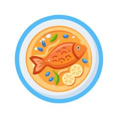 Cartoon Fish Soup Illustration in Bowl on Black