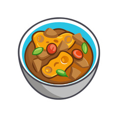 Bowl of Cartoon Rendang Curry with Tomatoes and Leaves