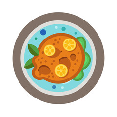 Cartoon fish with lemons and garnish in blue broth