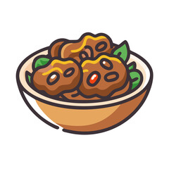 Bowl of delicious meatballs cartoon illustration on black